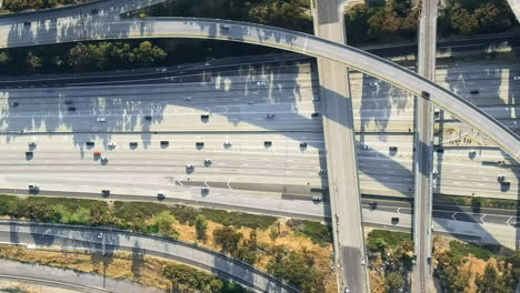 Aerial-Top-Down,-Daytime-Rush-Hour-on-North-American-Highway-Interchange