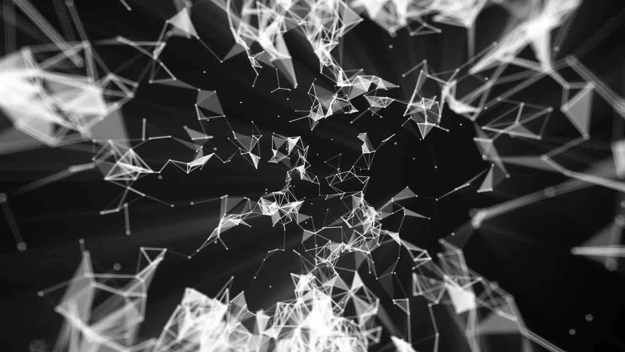 Abstract animation of flying through a dynamic white and grey plexus network tunnel on black. Tech, futuristic, data communication concept