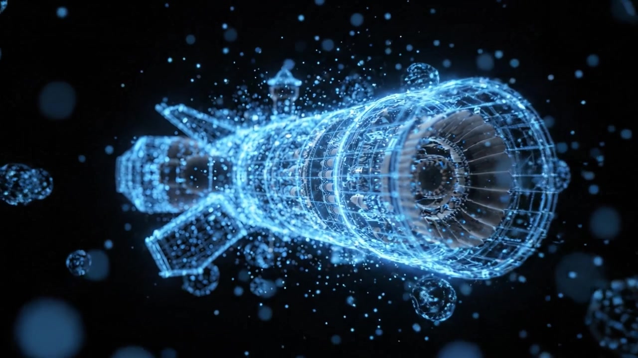 A Stunning Digital Representation of a Futuristic Rocket Design, Showcasing Luminous Wireframe Details Against a Dark, Particle-Filled Background.