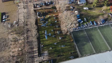 aerial drone footage of famous air force museum with old military airplanes and aircraft