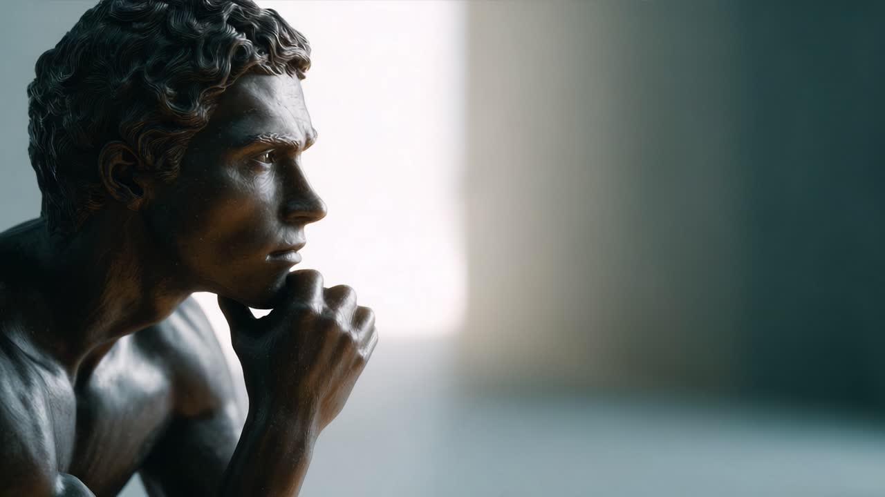 A striking bronze sculpture captures a pensive male figure lost in thought, showcasing intricate details and expressive features in a serene, minimalist environment
