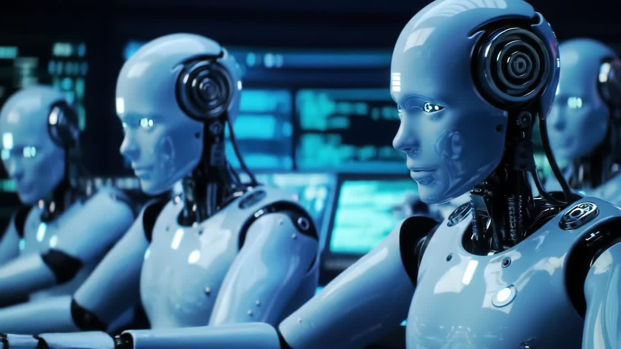 Futuristic robots engage in advanced technological operations, showcasing artificial intelligence in a high-tech environment filled with digital interfaces and screens