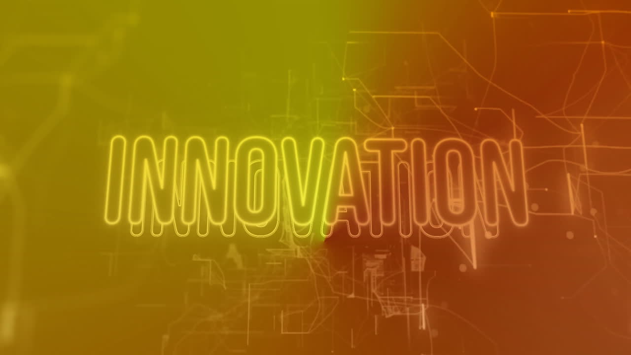 Tekst-animation "Innovation" over abstrakt gul og orange baggrund