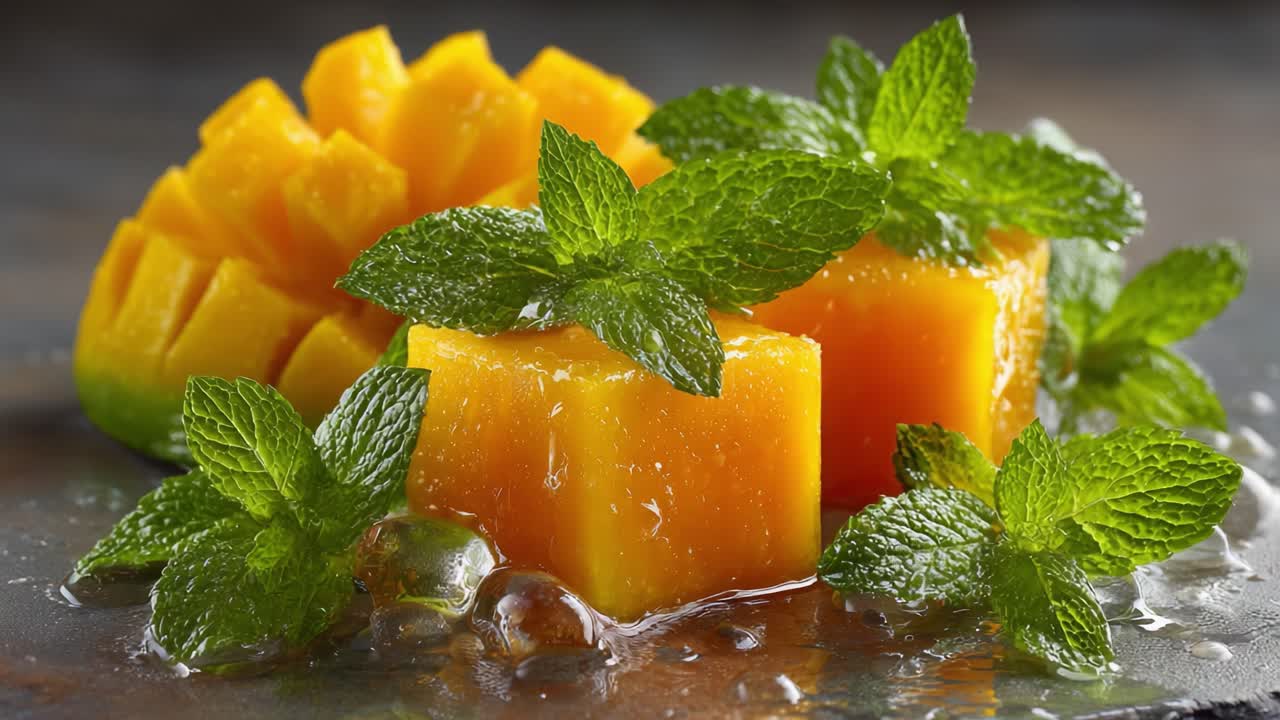 Una vivace collezione di cubetti e fette di mango fresco guarniti con menta, perfettamente disposti su una superficie lucida, che cattura l'essenza delle delizie tropicali e dei sapori rinfrescanti
