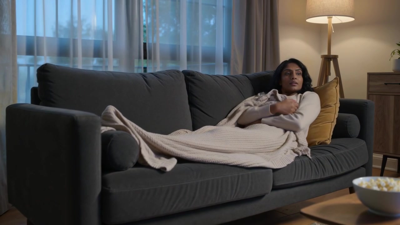 Donna indiana in maglione che afferra una coperta, avvolgendosi e sistemandosi su un divano grigio, ciotola di popcorn