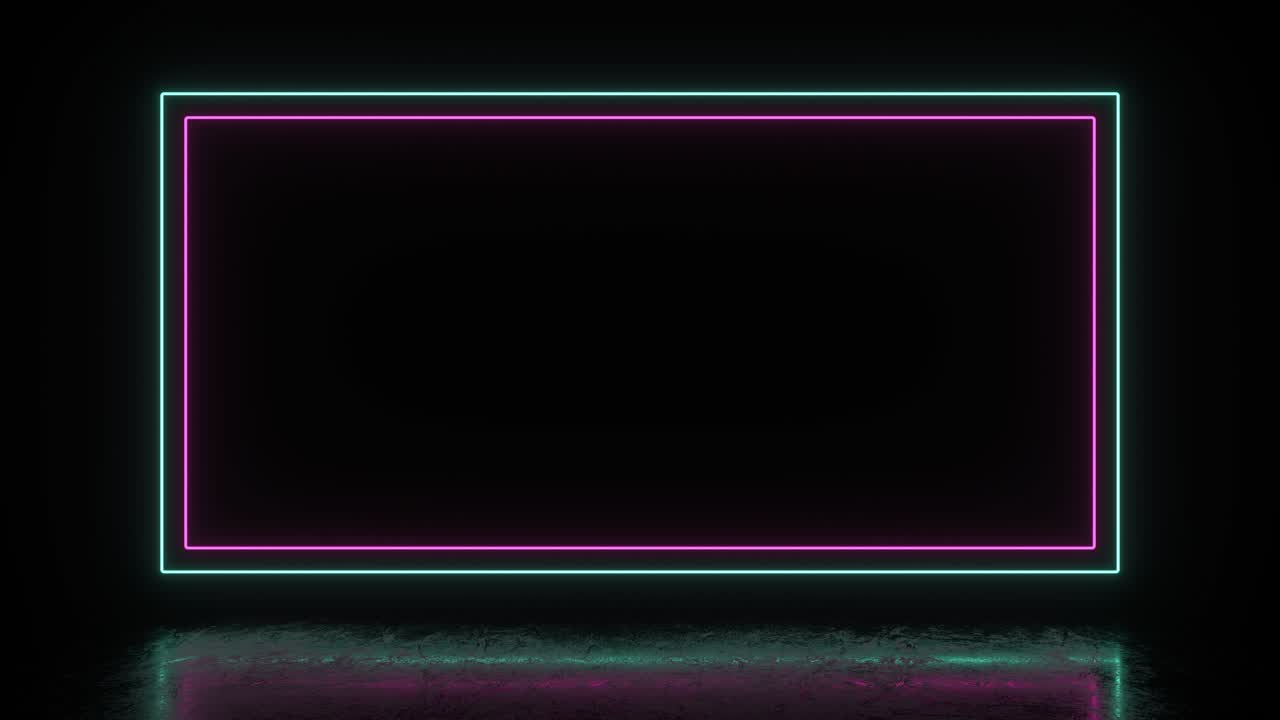 rectángulo de neón creado por un marco de luz fluorescente doble sobre un fondo negro y reflexión en el suelo pulido