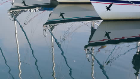 moored sailing yacht reflections in the still water at poole harbour on the south coast of england,