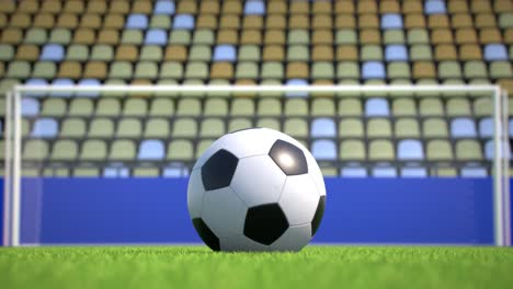 zoom-out to a soccer ball lying on the grass in an empty stadium