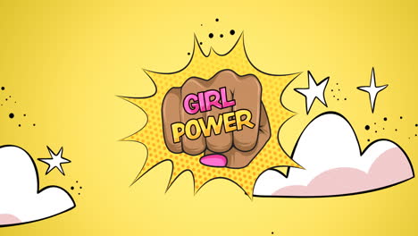 animación de texto niñas poder en los puños femeninos, sobre el cielo nocturno