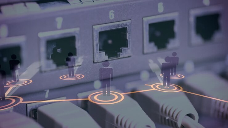 Animazione di una rete di connessioni su hardware di server informatici.