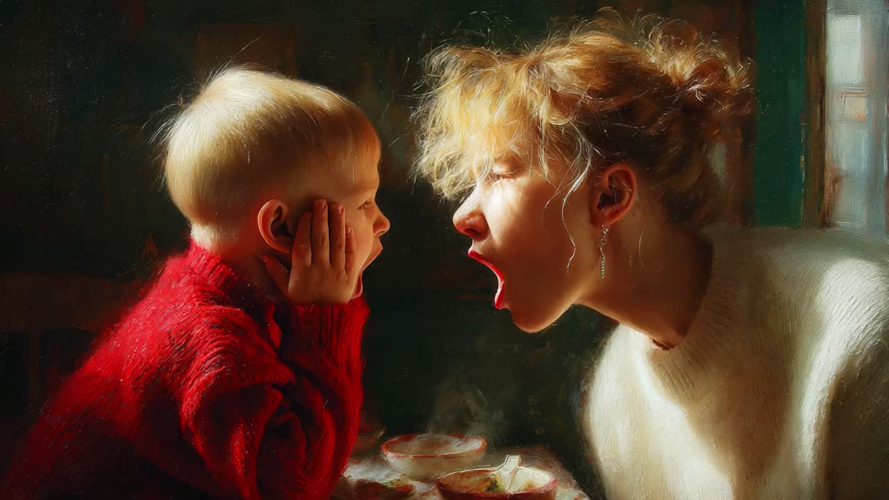 Un momento di connessione: l'intenso scambio tra un bambino e un genitore, che cattura la profondità delle emozioni nelle loro espressioni e il calore del loro ambiente condiviso