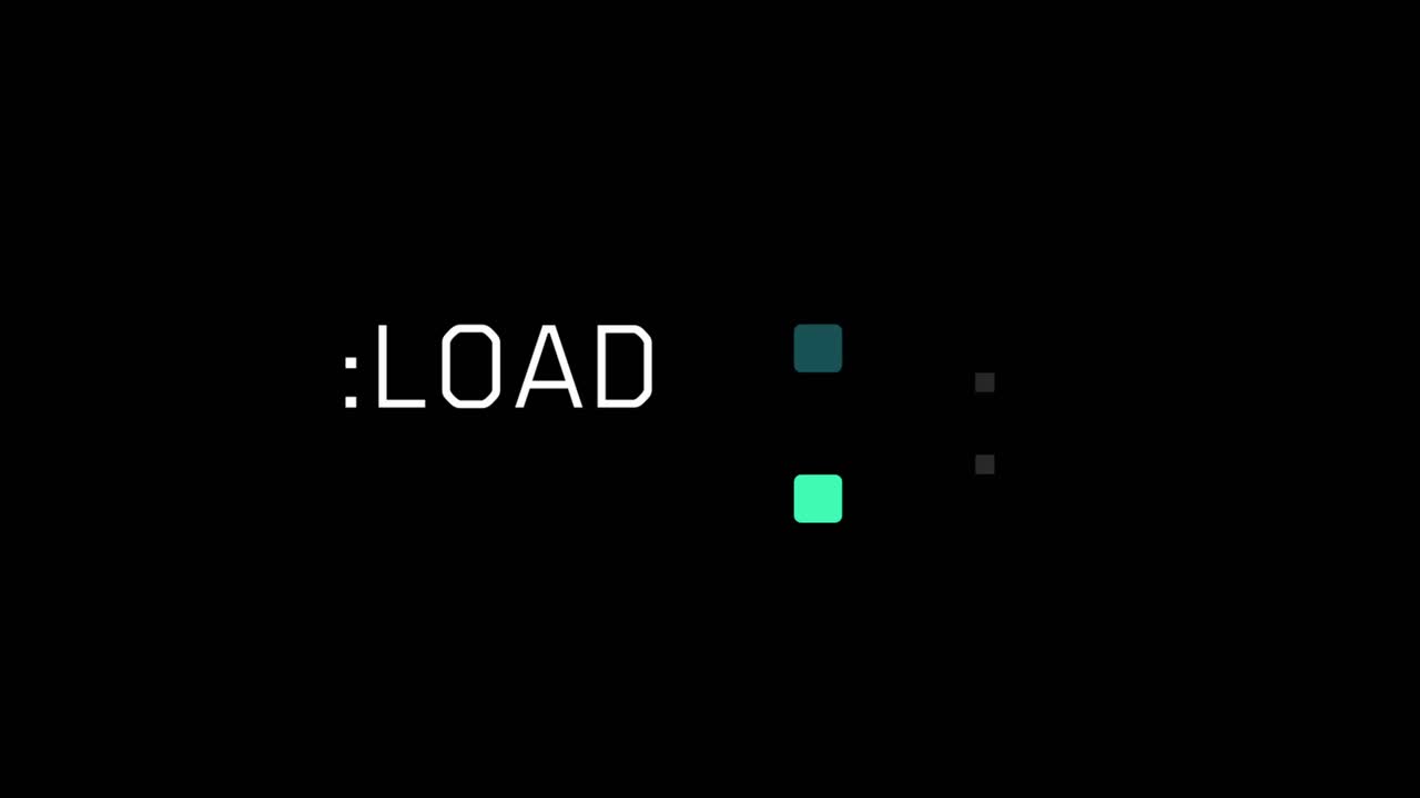 A minimalist "LOAD" graphic transforms into a percentage counter that rapidly counts up to 100%. Sci-fi UI element for data processing concepts