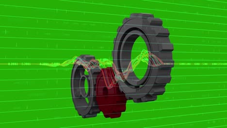 Animation-Von-Zahnrädern,-Die-Sich-über-Diagrammen-Auf-Grünem-Hintergrund-Drehen