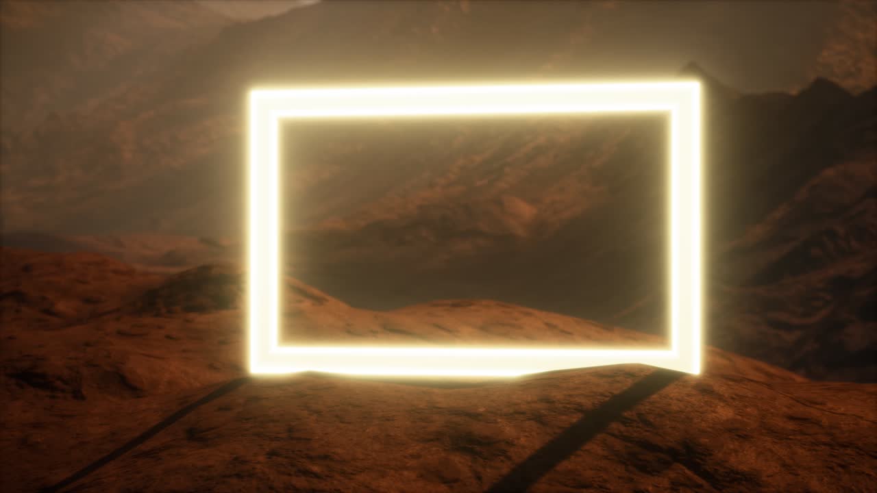 portal de neón en la superficie del planeta marte con el soplo de polvo