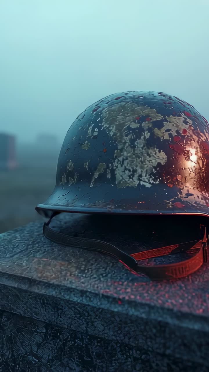 Vertical video: Camera shifting, revealing worn combat helmet on stone ledge, showing water beads