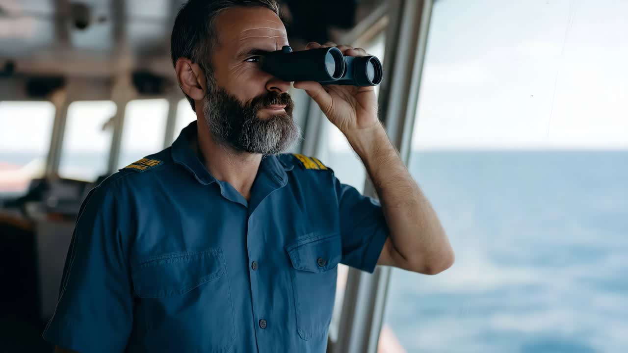 Capitano di una nave che osserva attraverso il binocolo