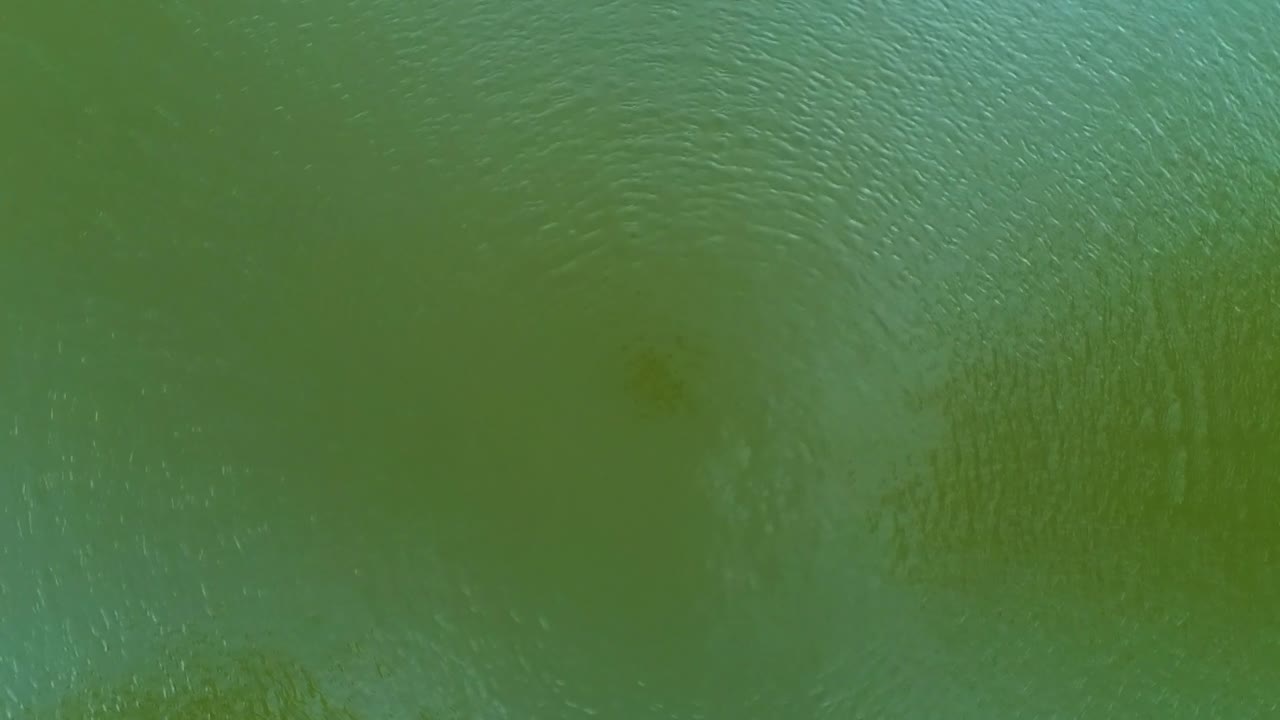 drone floating over  an emerald pond