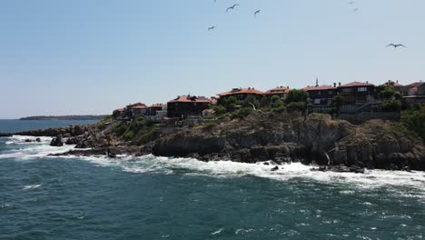 a group of flying seagulls chasing a drone on the coast of bulgaria