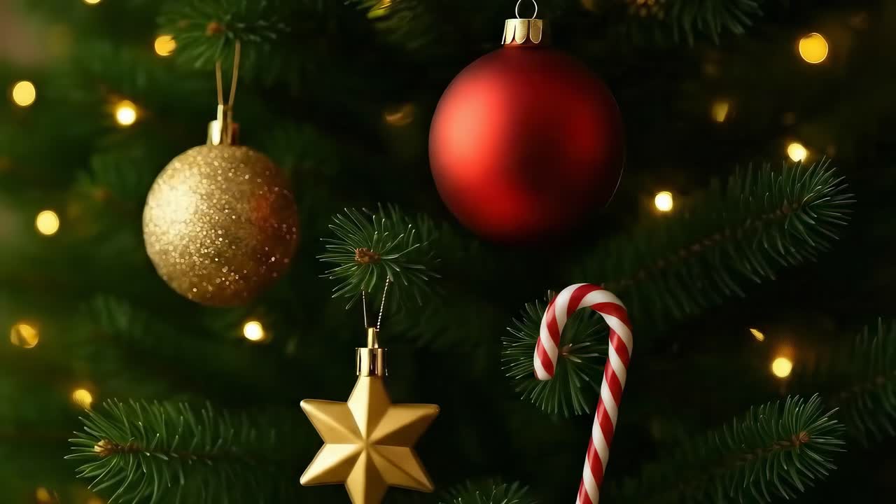 Video ravvicinato festivo di decorazioni per l'albero di Natale, con un angolo caldo e luminoso