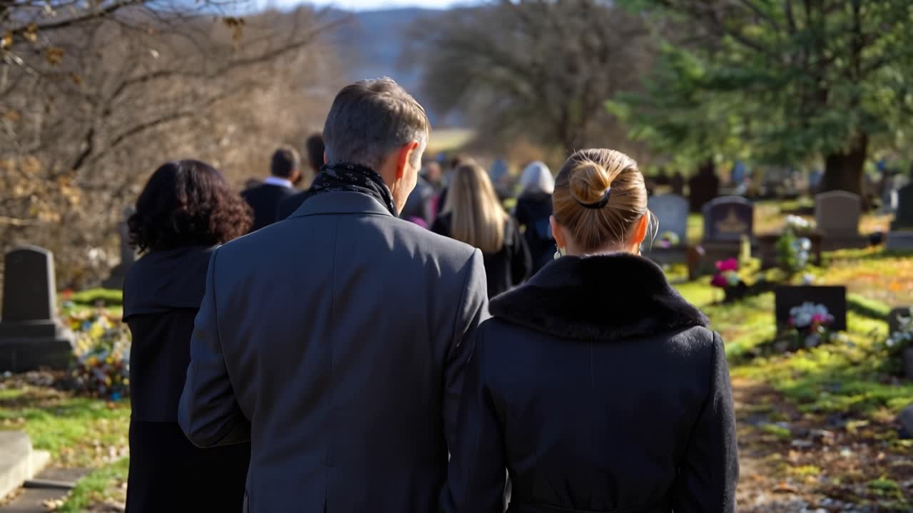 Dei dolenti camminano solennemente attraverso un cimitero tranquillo. Un uomo e una donna camminano vicini, le spalle che si toccano. La luce del sole scintilla tra i rami spogli degli alberi. Le loro espressioni mostrano una quieta tristezza.