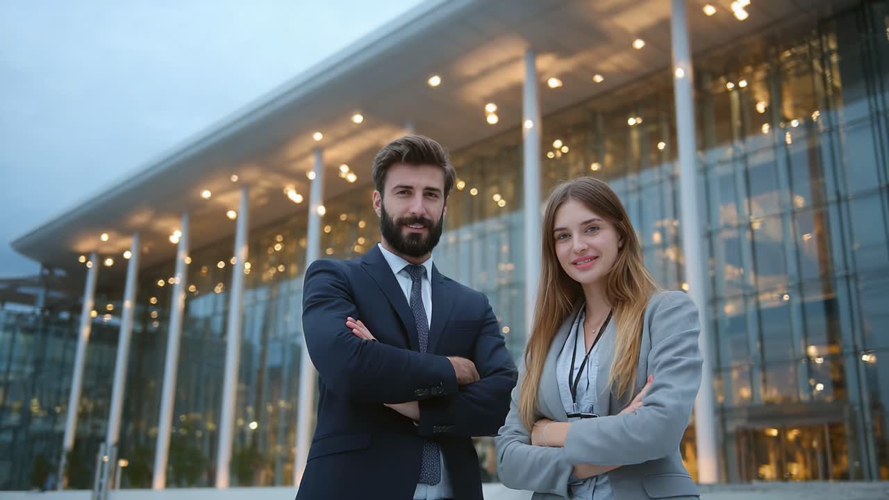 Coppia di professionisti che posano con sicurezza davanti a un moderno edificio di uffici, mostrando un’immagine elegante e ambiziosa in un ambiente urbano orientato al business