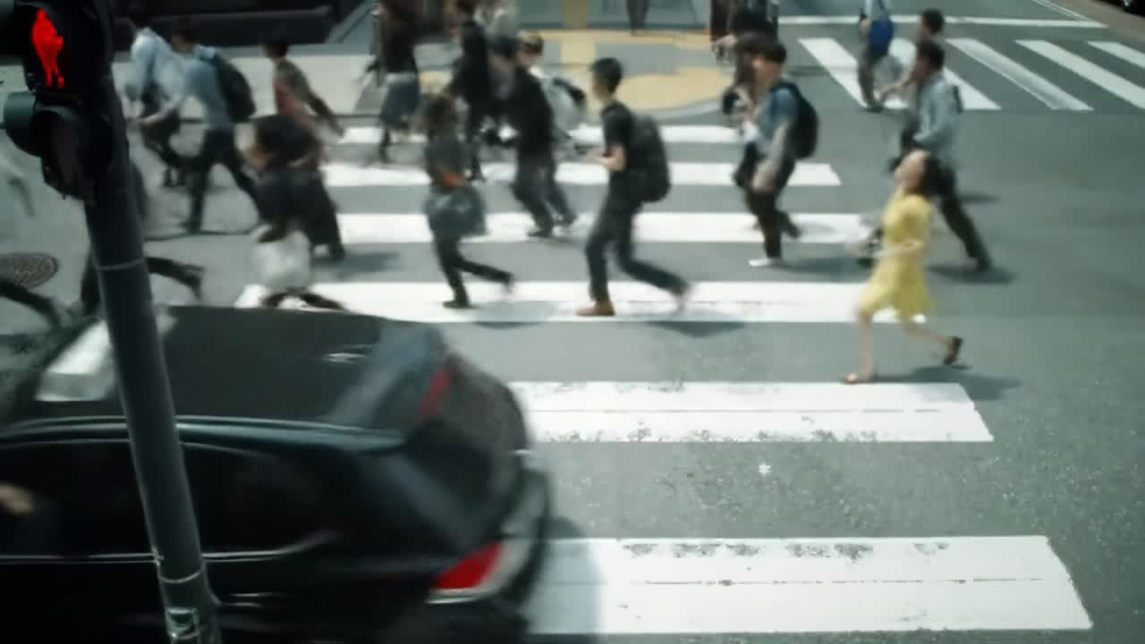 Crowds of people hustle across a busy crosswalk in a vibrant urban area. The atmosphere reflects the energy of city life during midday, showcasing diverse individuals on the move.