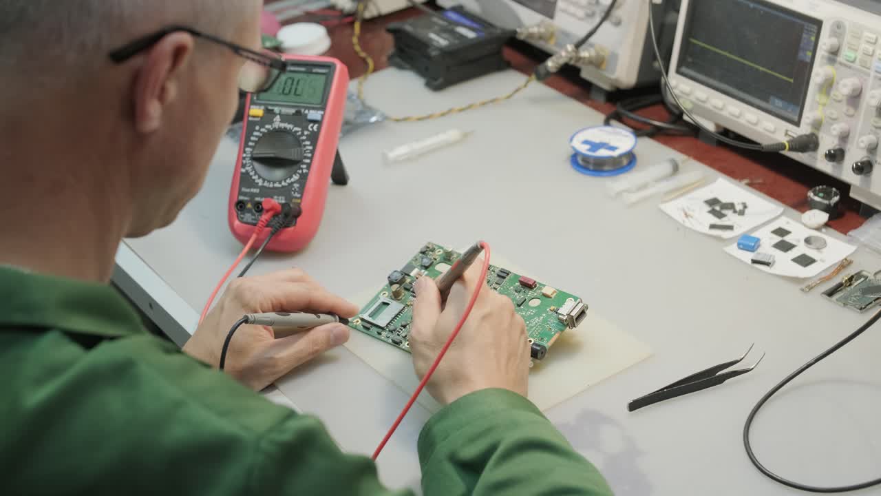 tienda de reparación de equipos electrónicos. el técnico ingeniero soldada la placa de circuitos impresos de un dispositivo electrónico bajo un microscopio.