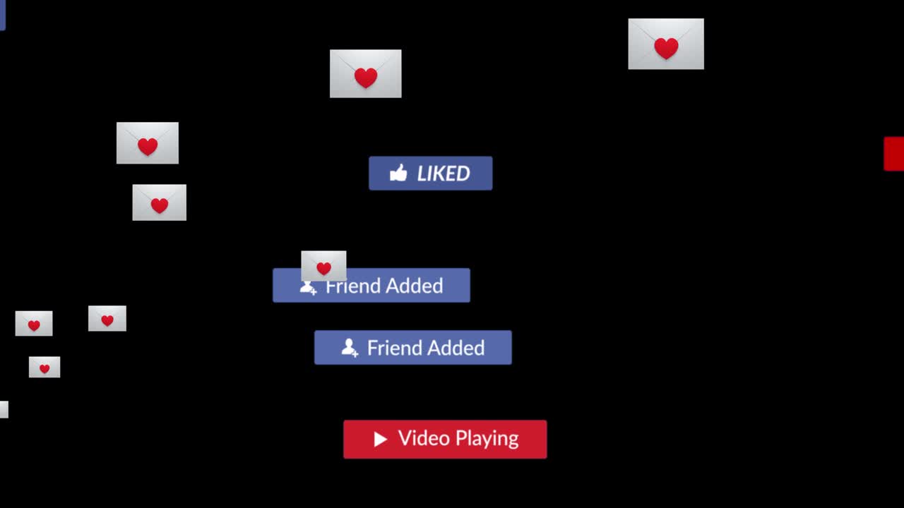 어두운 배경 위에 떨어지는 소셜 미디어 아이콘의 애니메이션