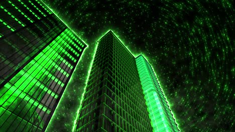green skyscrapers against a rotating starry sky.