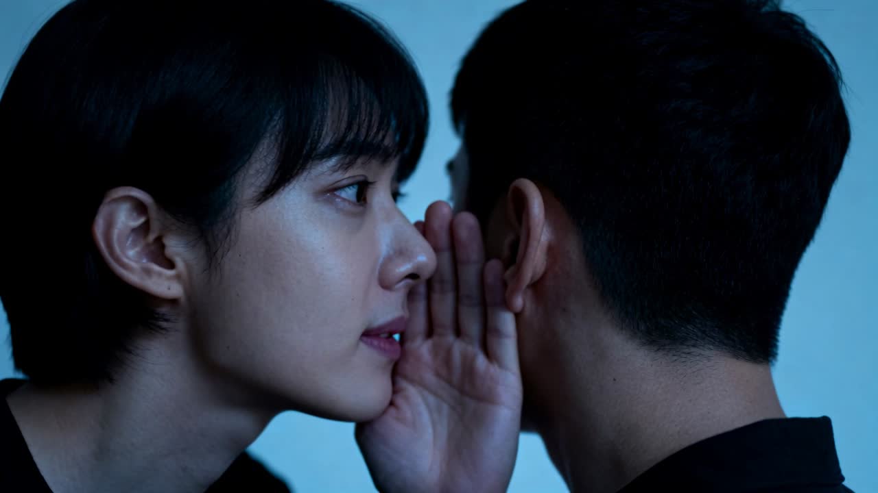 Leaning woman whispering into man's ear by blue backdrop, cupping hand dark collars sharing secret