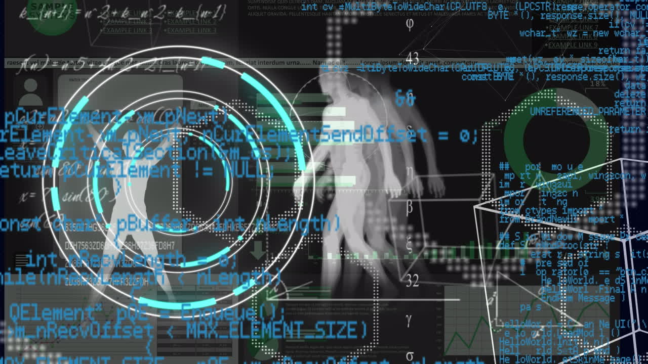 animación de escáner redondo de neón, procesamiento de datos y formas geométricas contra el modelo del cuerpo humano.