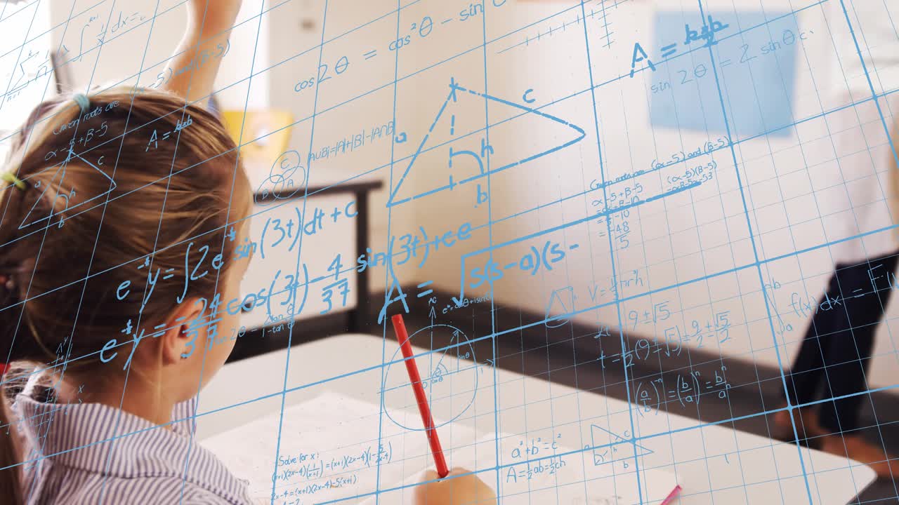 Student raising hand as teacher drawing triangle, education overlay showing formulas guiding notes