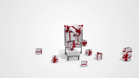 regalos cayendo en el carrito sobre fondo blanco