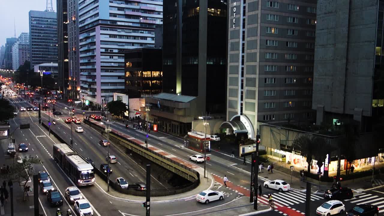 Sao Paulo, Brazil: car traffic on famous Paulista avenue at dusk. High angle view