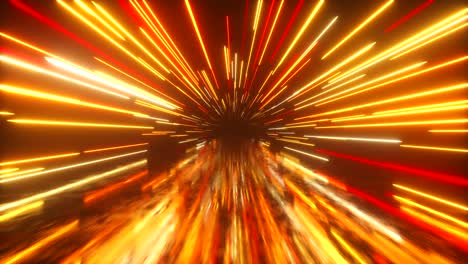 volando en el espacio con líneas de neón luminosas. hiperespacio. espectro moderno de luz. color naranja de fuego. bucle sin costuras 3d render