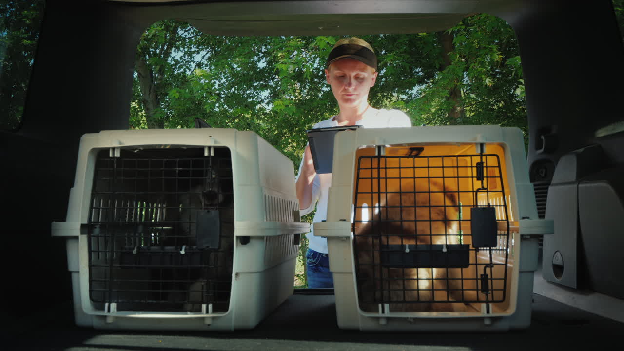 una mujer usa una tableta en la cajuela de un automóvil donde hay celdas con venta y entrega de cachorros