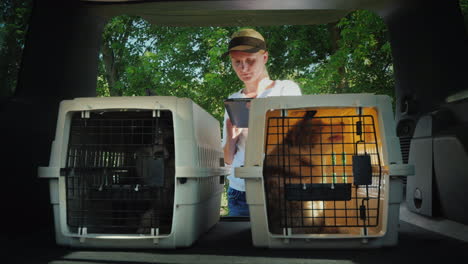 a woman uses a tablet stands at the trunk of a car where there are cells with puppies sale and deliv