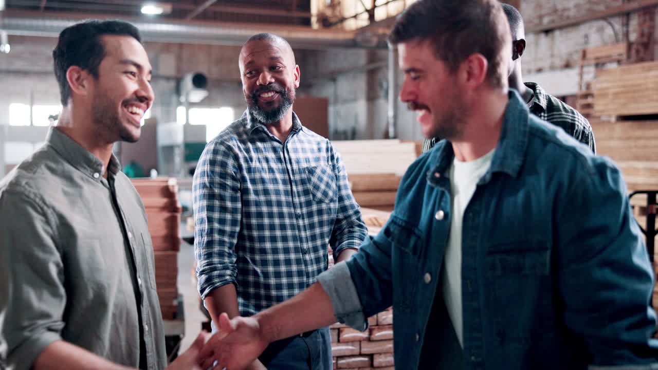 Diverse Group of Men Shaking Hands in an Industrial Warehouse