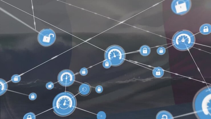 Animation of network of digital icons and waving france flag against sea waves
