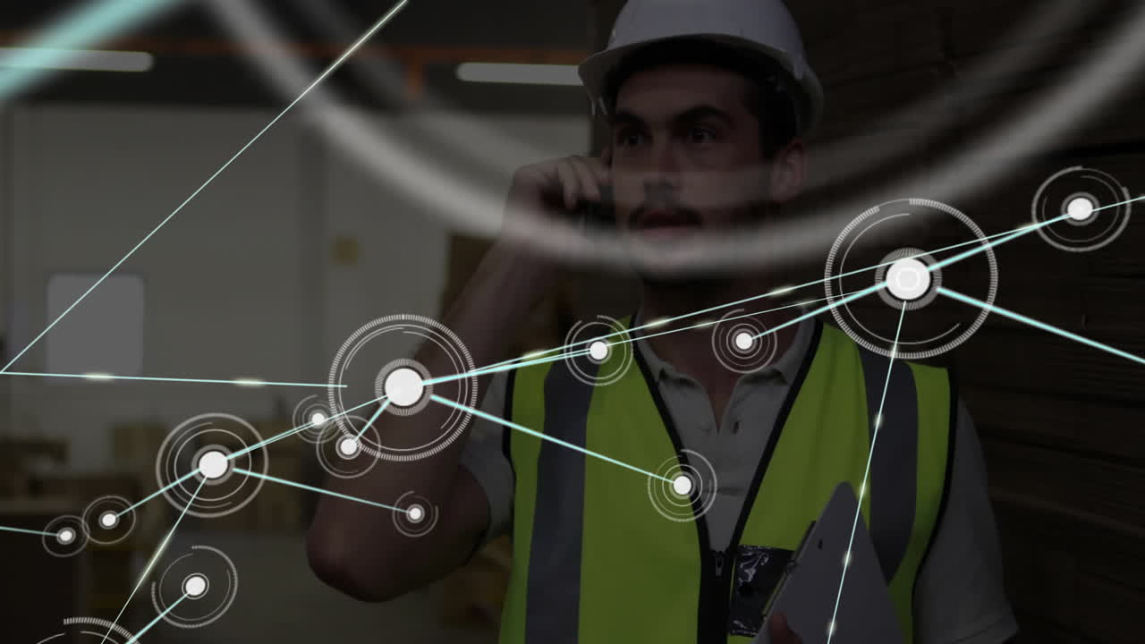 Construction worker talking on phone with network connections animation overlay