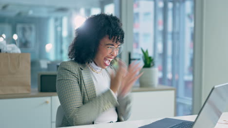 business woman, winner and computer for success