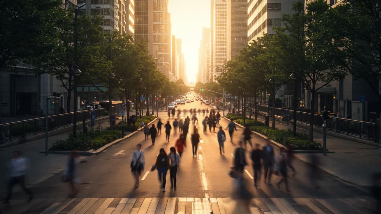 Busy City Street at Sunrise/Sunset with Crowded Walkers
