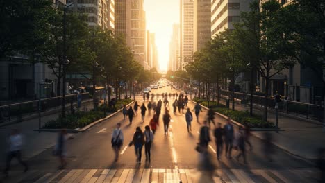 busy city street at sunrise/sunset with crowded walkers