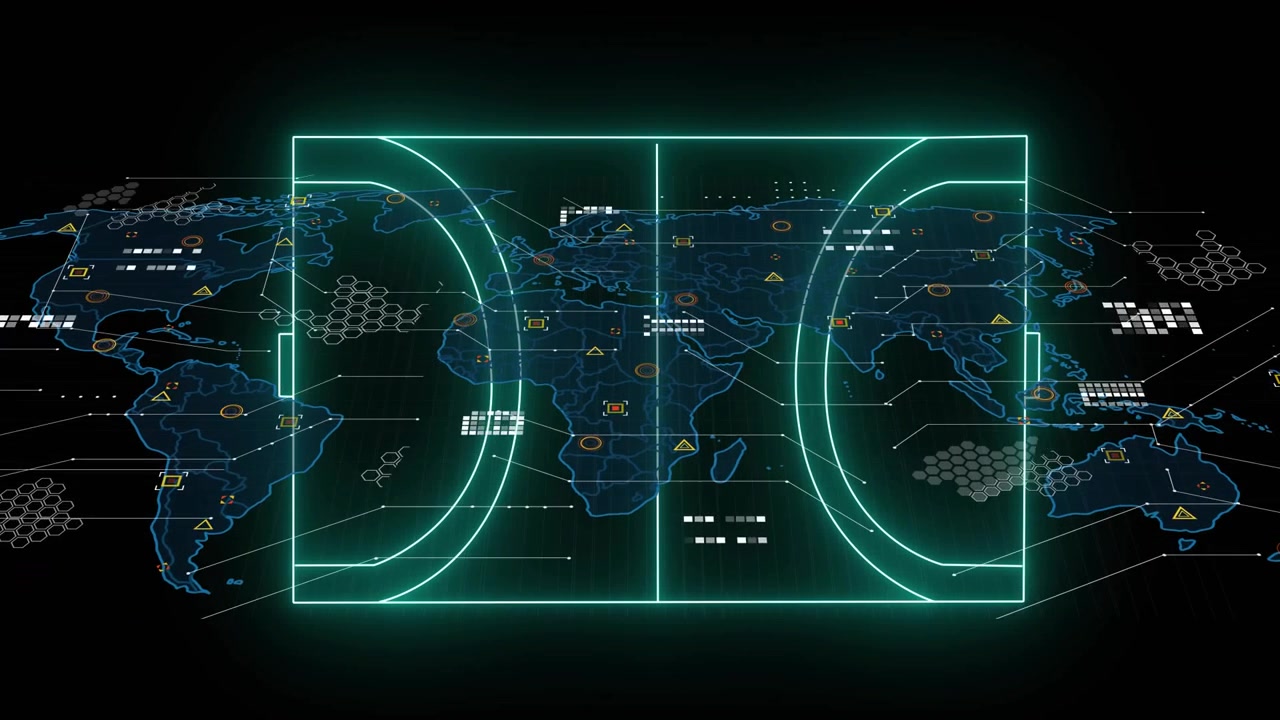 Neon green line rising from left forming bracket frame, animating map dashboard for global data