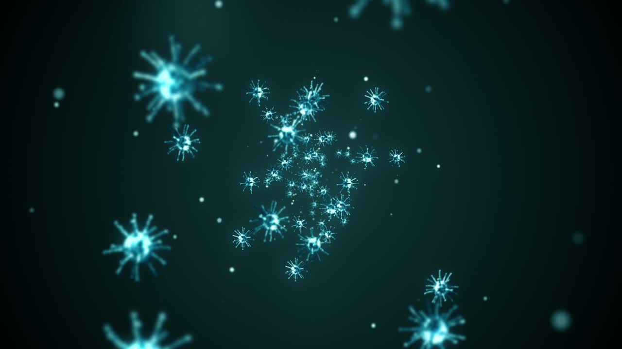 Flying many virus cells on black background. Medical concept, Microscopic illustration. 3D animation of virus molecule rotating. Loop animation.