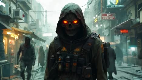 a man in a hooded jacket with red eyes walking down a city street