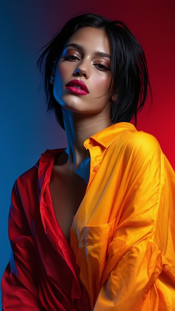 Artistic portrait of woman in oversized red and orange shirt under dramatic multi colored lighting