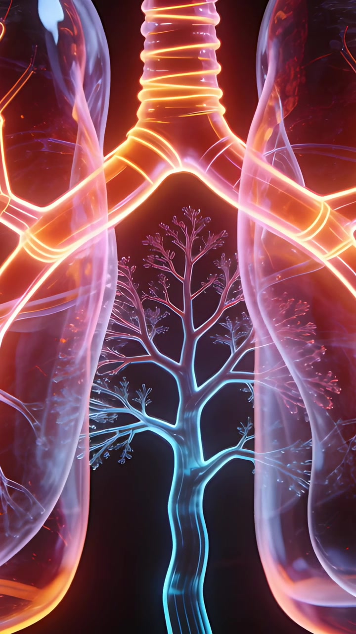 Vertical video: Pulsing airways showing airflow via trachea into bronchi in studio, loop starting