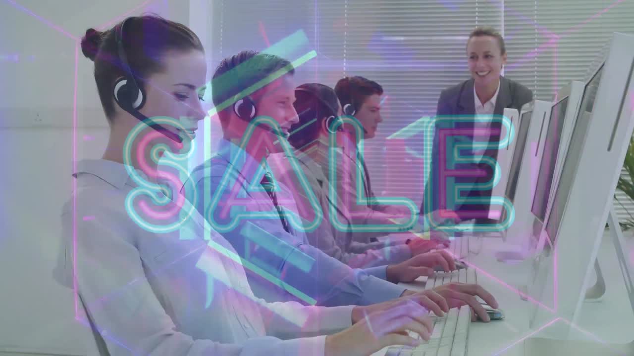 전화 헤드 ⁇ 을 사용하는 비즈니스 사람들에 대한 판매 텍스트의 애니메이션