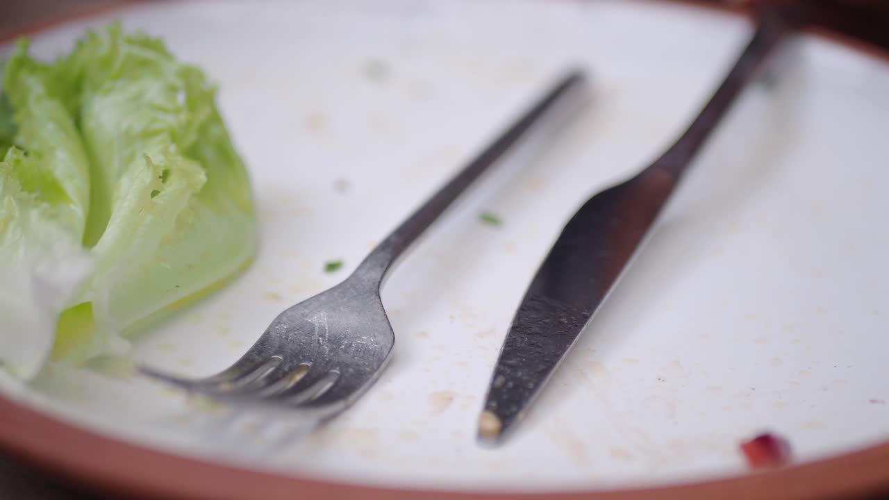 An empty plate with leftover salad and cutlery